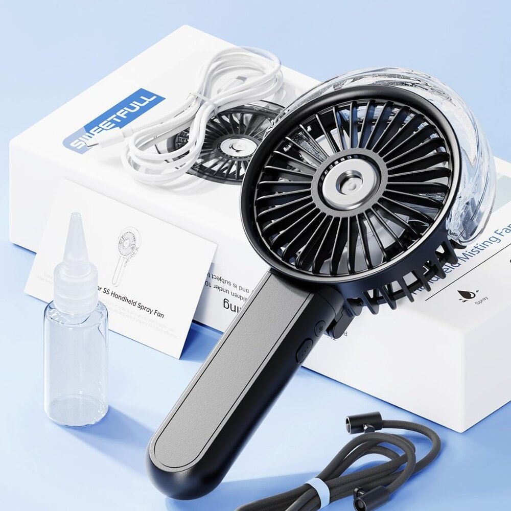 Portable Misting Fan Handheld Personal Fan 180° Foldable with Mist Spray USB Rec - Picture 2 of 7
